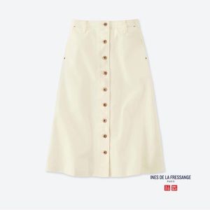 Ines de la Fressange x Uniqlo Off-White Denim Midi Skirt w/ Copper Buttons